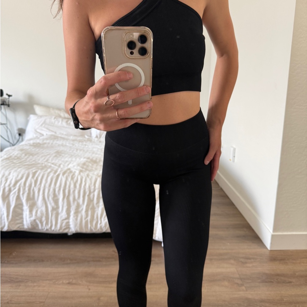 Black One-Shoulder Crop Top and Leggings Set